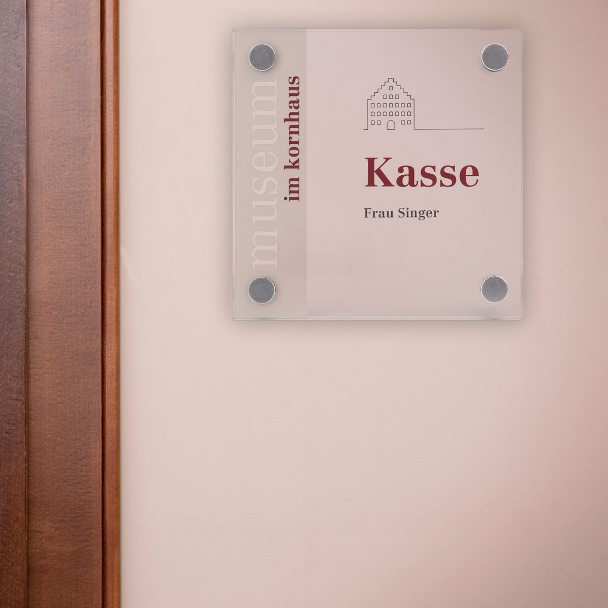 Türschild, Modell Galerie, ESG, 150 x 150 mm, 4 Abstandhalter (15 mm Wandabstand, mit Schraube)