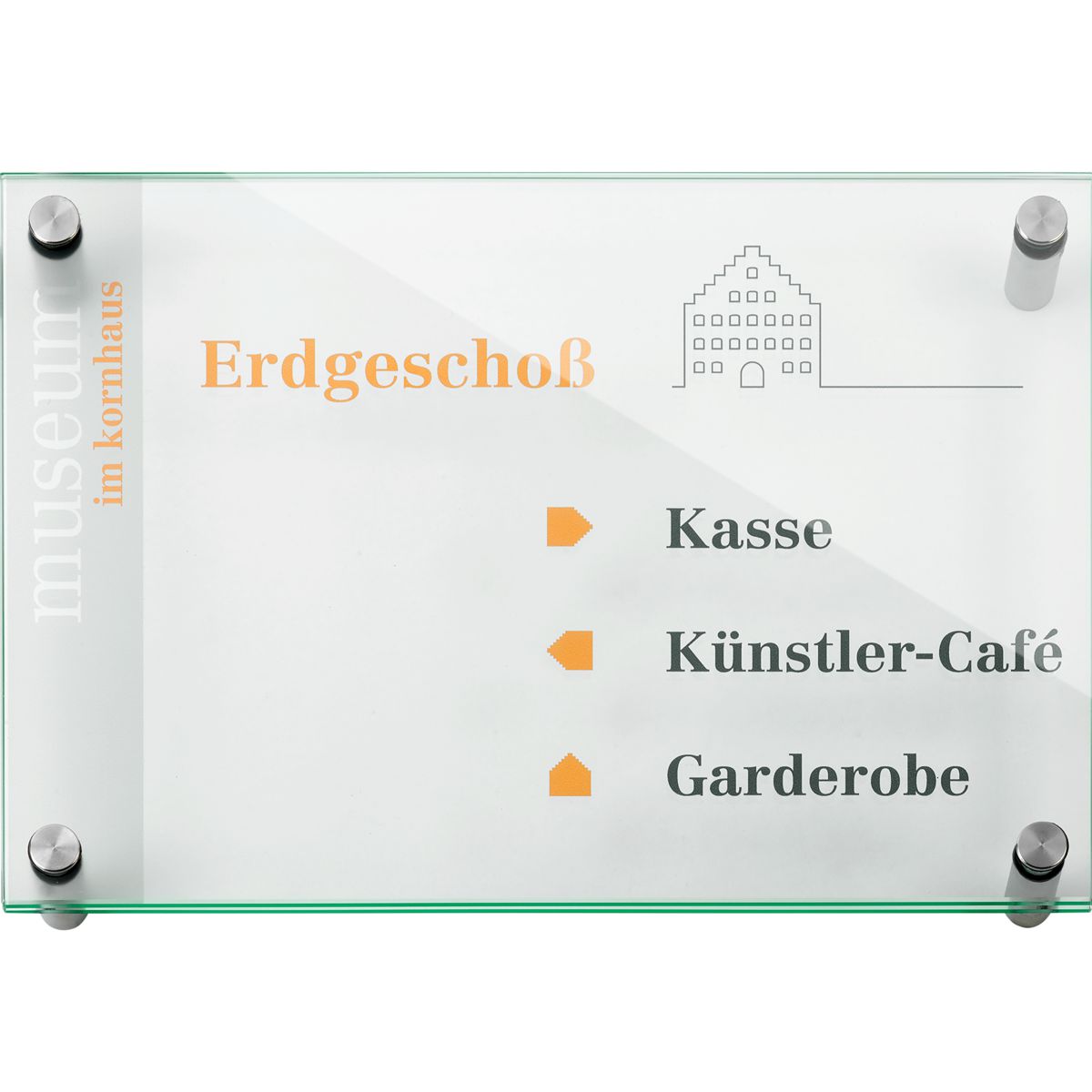 Wandschild, Modell Galerie, 2 Scheiben ESG, DIN A4 (210 x 297 mm), 4 Abstandhalter (15 mm Wandabstand, mit Schraube)